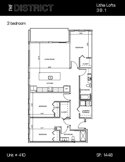 Floor plan for 3 beds, 2 baths, 1448 sqft